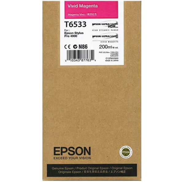 Az Epson T6533 élénk magenta tintapatron az Epson professzionális nyomtatóihoz készült, hogy kiváló színteljesítményt és hosszú élettartamot biztosítson.