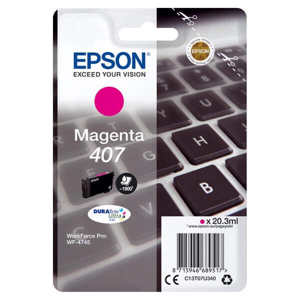 Az eredeti Epson No. 407 magenta tintapatron (T07U3) a professzionális irodai nyomtatás elengedhetetlen kelléke, amelyet kifejezetten a WorkForce Pro nyomtatóhoz terveztek.