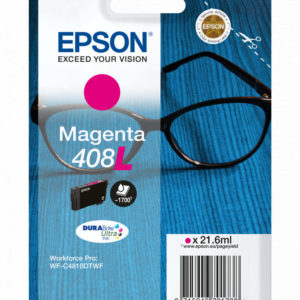 Az Epson No.408L (T09K3) Magenta utántöltő patron 21,6 ml, WorkForce Pro WF-C4810 széria vízzel és szövegkiemelővel szemben ellenálló nyomtatást garantál.