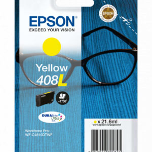 Az Epson No.408L (T09K4) Yellow utántöltő patron 21,6 ml, WorkForce Pro WF-C4810 széria vízzel és szövegkiemelővel szemben ellenálló nyomtatást garantál.