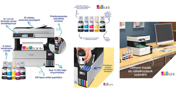 Az EcoTank technológia forradalmasította a nyomtatást: ritkább utántöltés, kedvezőbb árú tinta, fenntartható működés és kiváló nyomatminőség.