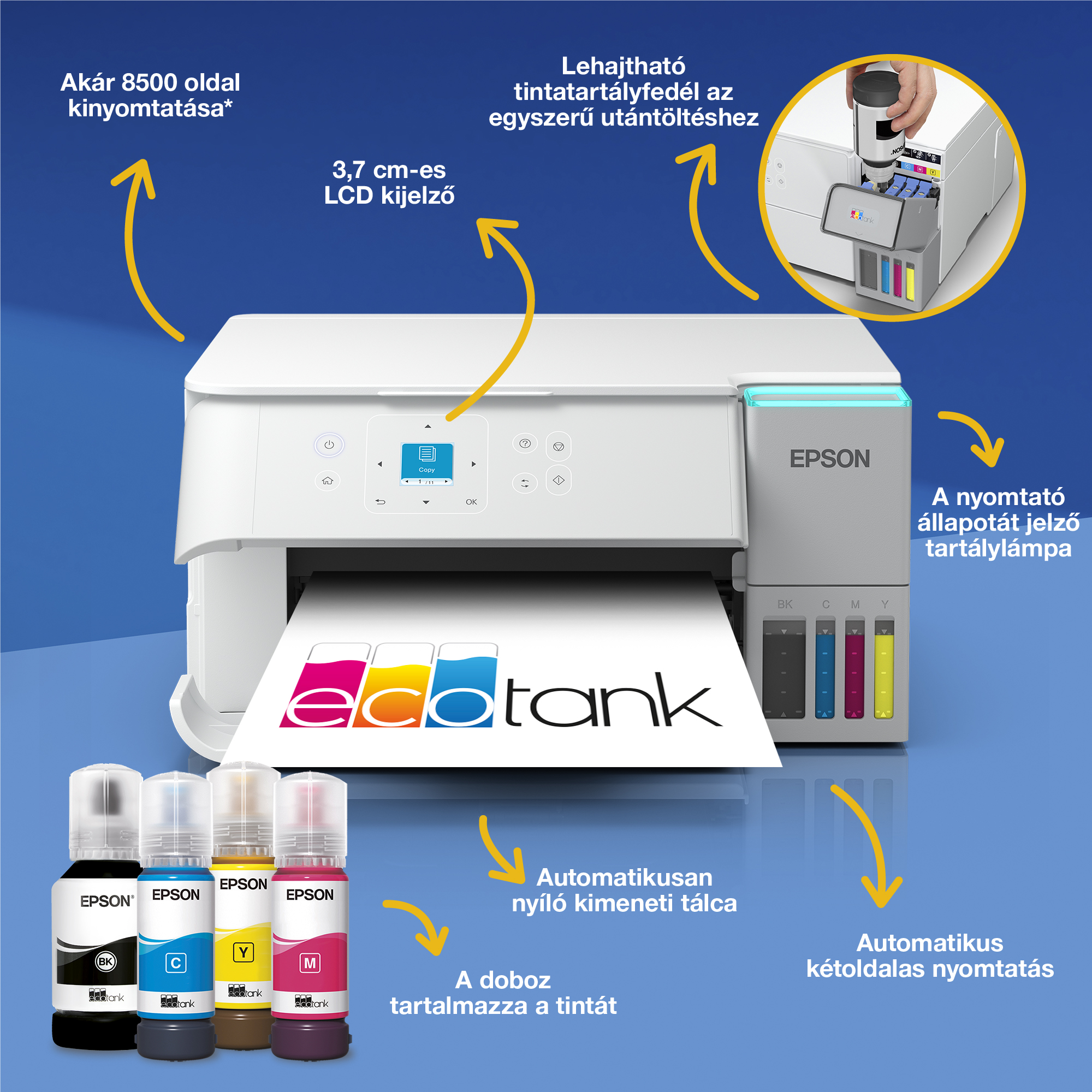 epson ecotank l4366 a4, színes multifunkciós nyomtató duplex, airprint usb/wifi 8500/6500 oldal tintával
